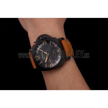 Swiss Panerai Luminor 1950 Black Dial Black PVD Case Brown Suede Leather Strap 1453851