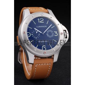 Panerai Luminor Brushed Stainless Steel Case Blue Dial Brown Leather Strap