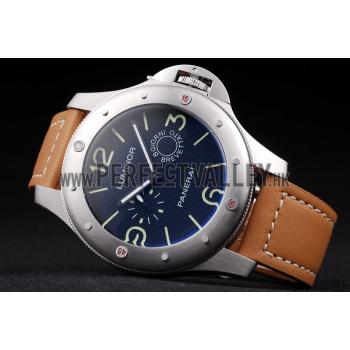 Panerai Luminor Brushed Stainless Steel Case Blue Dial Brown Leather Strap