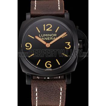 Cheap Swiss Panerai Luminor Black Dial Black PVD Case Brown Leather Strap 1453855