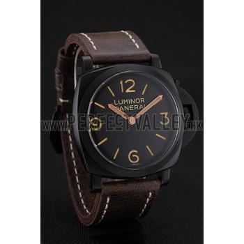 Cheap Swiss Panerai Luminor Black Dial Black PVD Case Brown Leather Strap 1453855