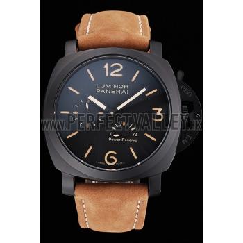 Panerai Luminor 1950 3 Days Power Reserve Black Dial Black Case Brown Suede Leather Strap