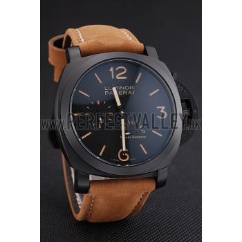 Panerai Luminor 1950 3 Days Power Reserve Black Dial Black Case Brown Suede Leather Strap