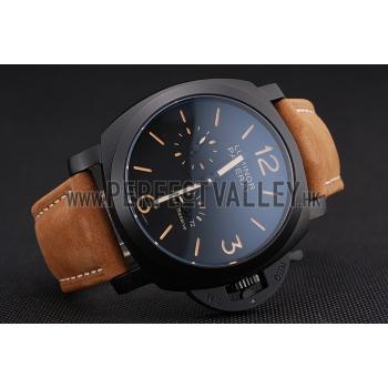 Panerai Luminor 1950 3 Days Power Reserve Black Dial Black Case Brown Suede Leather Strap