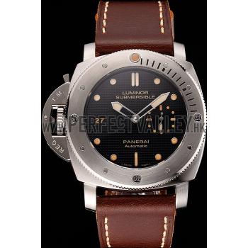 Replica Swiss Panerai Submersible Left Handed Black Embossed Case Stainless Steel Case Brown Leather Strap