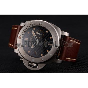 Replica Swiss Panerai Submersible Left Handed Black Embossed Case Stainless Steel Case Brown Leather Strap