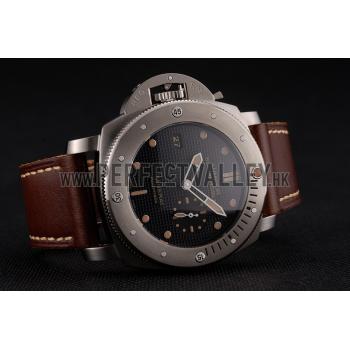 Replica Swiss Panerai Submersible Left Handed Black Embossed Case Stainless Steel Case Brown Leather Strap