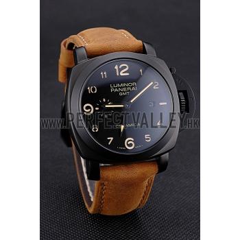 Panerai Luminor 1950 GMT Ceramica Black Dial Matte Black Case Brown Suede Leather Strap Replica