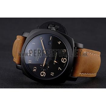 Panerai Luminor 1950 GMT Ceramica Black Dial Matte Black Case Brown Suede Leather Strap Replica