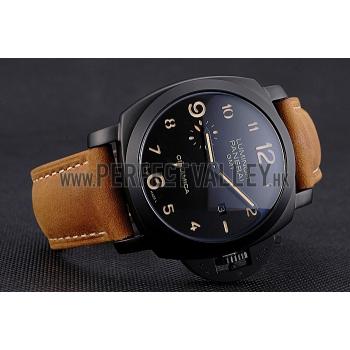 Panerai Luminor 1950 GMT Ceramica Black Dial Matte Black Case Brown Suede Leather Strap Replica