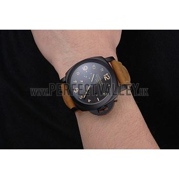 Panerai Luminor 1950 GMT Ceramica Black Dial Matte Black Case Brown Suede Leather Strap Replica