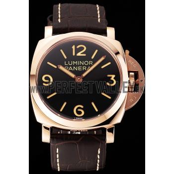 Swiss Panerai Luminor Black Dial Rose Gold Case Brown Leather Strap 1453842