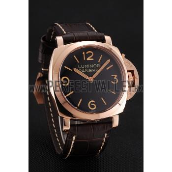 Swiss Panerai Luminor Black Dial Rose Gold Case Brown Leather Strap 1453842