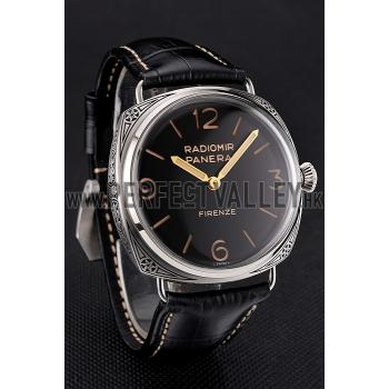 Panerai Radiomir Firenze 3 Days Acciaio PAM604 Black Dial Engraved Stainless Stell Case Black Leather Strap