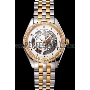 Swiss Patek Philippe Calatrava Openworked Stainless Steel Case Gold Bezel Two Tone Bracelet