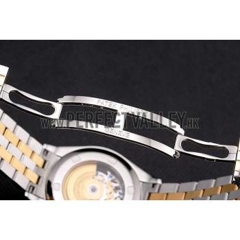 Swiss Patek Philippe Calatrava Openworked Stainless Steel Case Gold Bezel Two Tone Bracelet