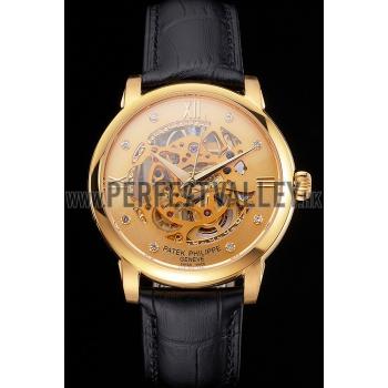 Swiss Patek Philippe Complications Openworked Dial Gold Case Black Leather Strap