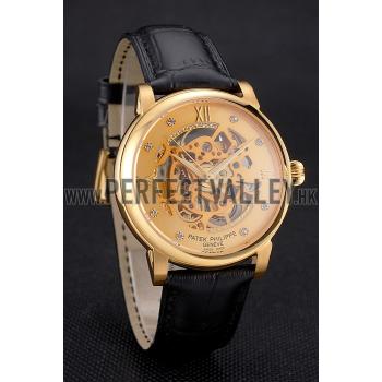 Swiss Patek Philippe Complications Openworked Dial Gold Case Black Leather Strap