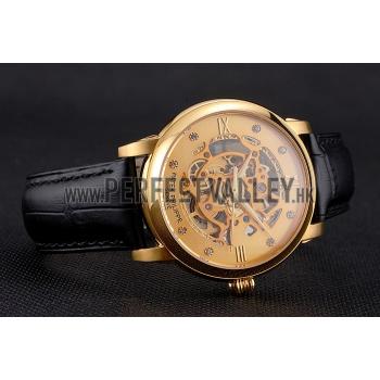 Swiss Patek Philippe Complications Openworked Dial Gold Case Black Leather Strap