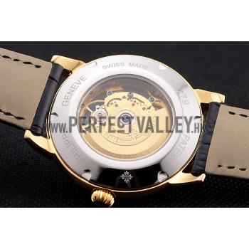 Swiss Patek Philippe Complications Openworked Dial Gold Case Black Leather Strap