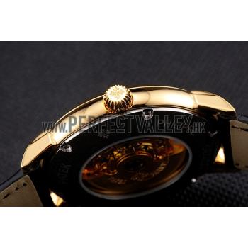 Swiss Patek Philippe Complications Openworked Dial Gold Case Black Leather Strap