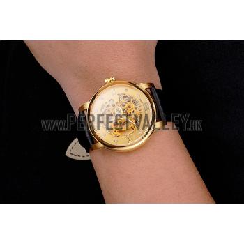 Swiss Patek Philippe Complications Openworked Dial Gold Case Black Leather Strap