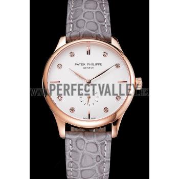 Patek Philippe Calatrava White Dial Diamond Markings Rose Gold Case Gray Leather Strap Replica