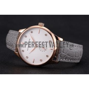 Patek Philippe Calatrava White Dial Diamond Markings Rose Gold Case Gray Leather Strap Replica