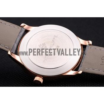 Patek Philippe Calatrava White Dial Diamond Markings Rose Gold Case Gray Leather Strap Replica