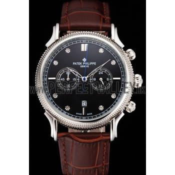 Replica Patek Philippe Chronograph Black Dial With Diamonds Stainless Steel Case Brown Leather Strap