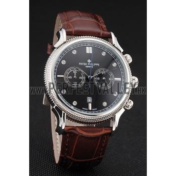 Replica Patek Philippe Chronograph Black Dial With Diamonds Stainless Steel Case Brown Leather Strap