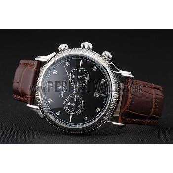 Replica Patek Philippe Chronograph Black Dial With Diamonds Stainless Steel Case Brown Leather Strap