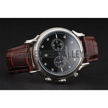 Replica Patek Philippe Chronograph Black Dial With Diamonds Stainless Steel Case Brown Leather Strap