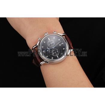 Replica Patek Philippe Chronograph Black Dial With Diamonds Stainless Steel Case Brown Leather Strap