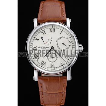 Replica Patek Philippe Geneve Complications White Dial Stainless Steel Brown Leather Band  622142