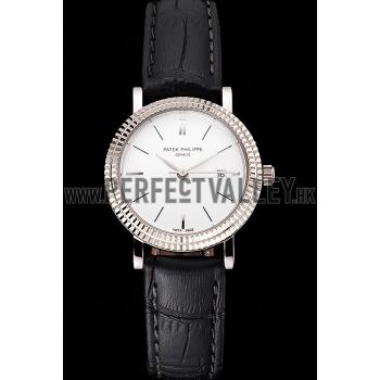 Cheap Patek Philippe Calatrava White Dial Double Ribbed Bezel Stainless Steel Case Black Leather Strap