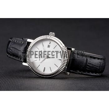 Cheap Patek Philippe Calatrava White Dial Double Ribbed Bezel Stainless Steel Case Black Leather Strap