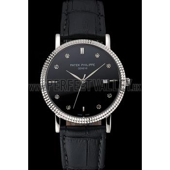 Patek Philippe Calatrava Black Dial Diamond Hour Marks Ribbed Bezel Stainless Steel Case Black Leather Strap