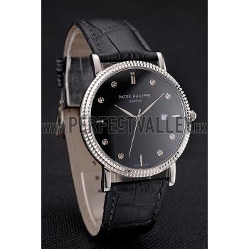 Patek Philippe Calatrava Black Dial Diamond Hour Marks Ribbed Bezel Stainless Steel Case Black Leather Strap