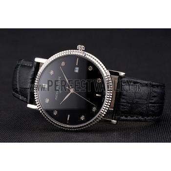 Patek Philippe Calatrava Black Dial Diamond Hour Marks Ribbed Bezel Stainless Steel Case Black Leather Strap