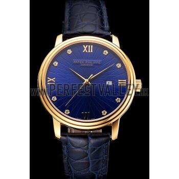 Patek Philippe Calatrava Date Blue Embossed Dial Gold Case Blue Leather Strap Replica