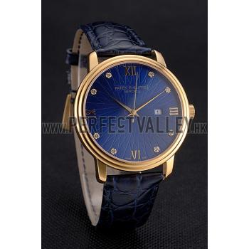 Patek Philippe Calatrava Date Blue Embossed Dial Gold Case Blue Leather Strap Replica