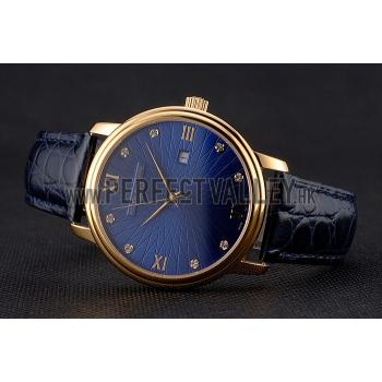 Patek Philippe Calatrava Date Blue Embossed Dial Gold Case Blue Leather Strap Replica