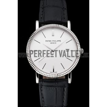 Patek Philippe Calatrava White Dial Ribbed Bezel Stainless Steel Case Black Leather Strap