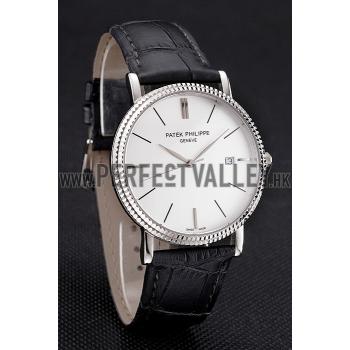 Patek Philippe Calatrava White Dial Ribbed Bezel Stainless Steel Case Black Leather Strap