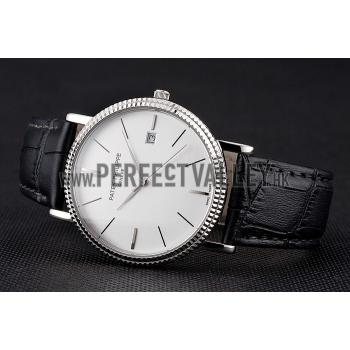 Patek Philippe Calatrava White Dial Ribbed Bezel Stainless Steel Case Black Leather Strap