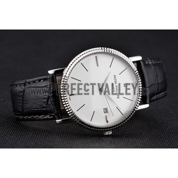 Patek Philippe Calatrava White Dial Ribbed Bezel Stainless Steel Case Black Leather Strap