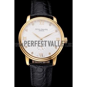 Patek Philippe Calatrava White Embossed Dial Gold Case Black Leather Strap