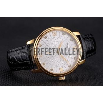 Patek Philippe Calatrava White Embossed Dial Gold Case Black Leather Strap