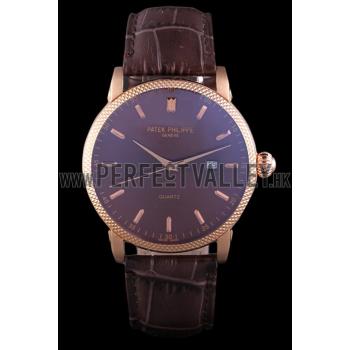 Patek Philippe Calatrava Roze Gold Ribbed Bezel Brown Leather Bracelet 801433